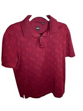 BOSS Hugo Boss Mens Burgundy Polo Shirt Tonal Geometric Pattern Short Sleeve